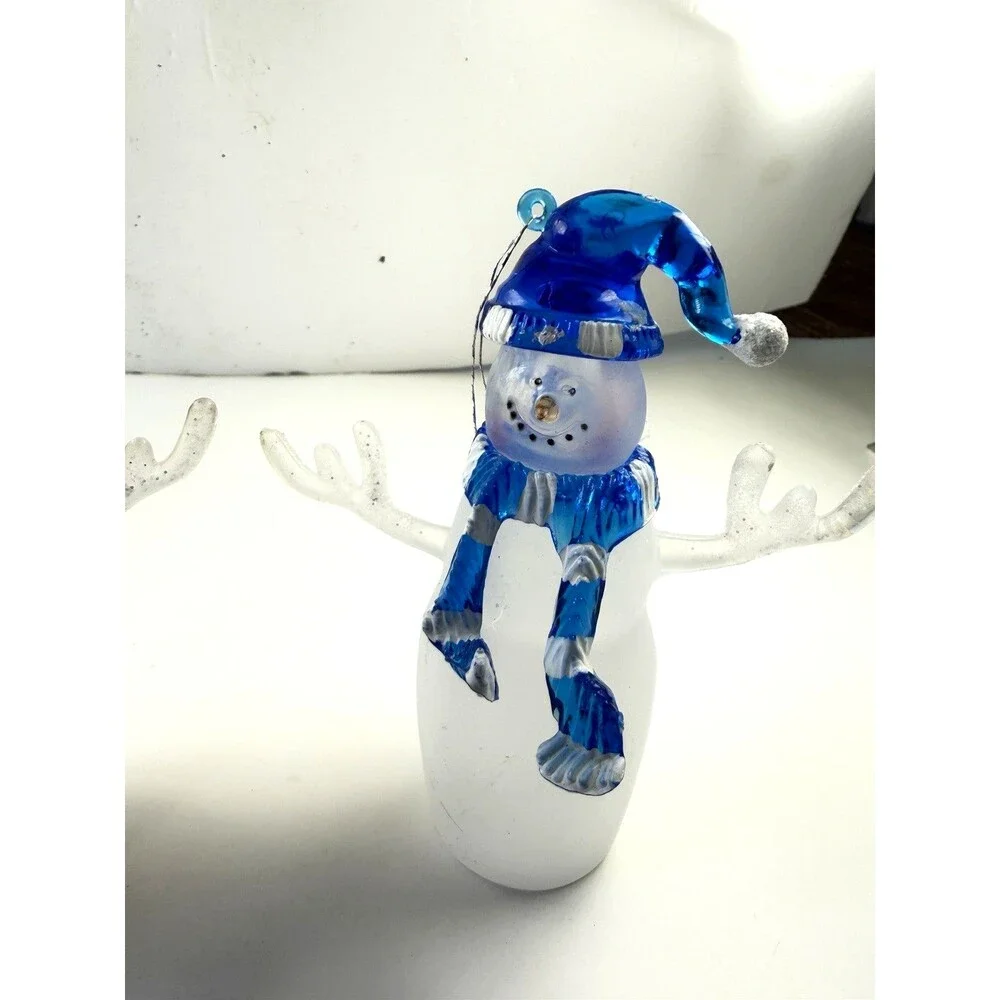 Vintage Frosted Glass Snowman Ornament Set Red Blue Hats Blown Glass Pair 4 ½”